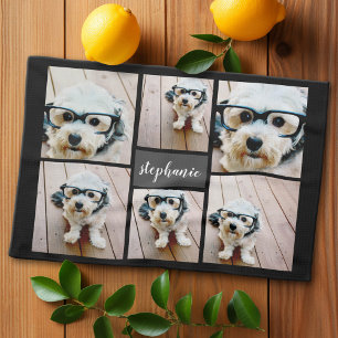 6 Photo Collage Name Minimalist - Can Edit color Tea Towel