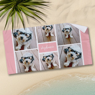 6 Photo Collage Name Minimalist - Can Edit colour Beach Towel