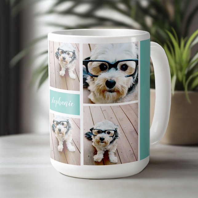 6 Photo Collage Name Minimalist - Can Edit colour Coffee Mug (Custom Photo Collage Mug)