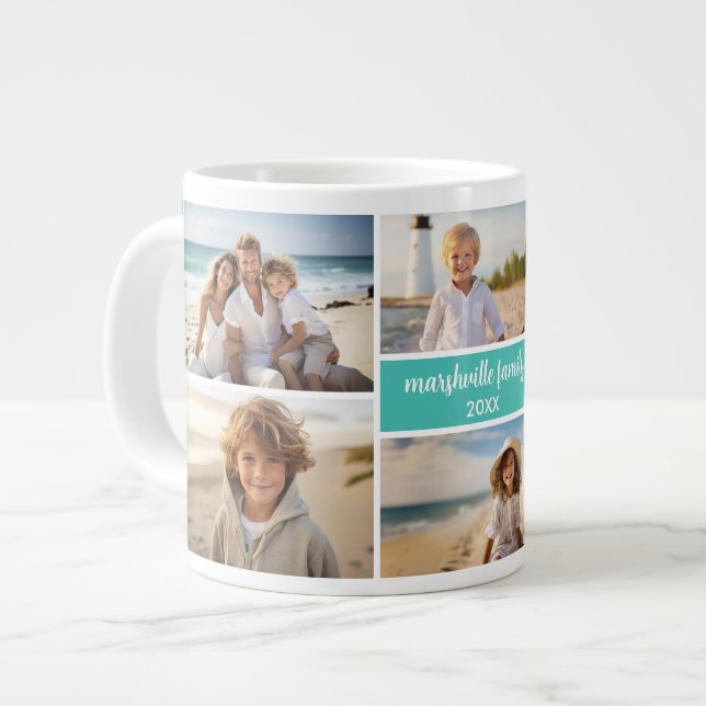 6 Photo Collage Name Minimalist - Script Text Large Coffee Mug (Front Left)