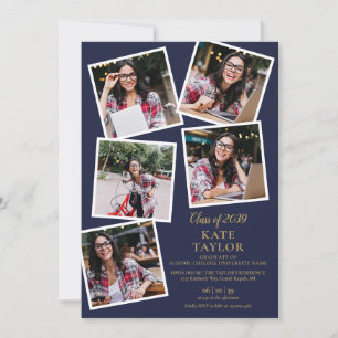 6 Photo Collage Navy And Gold Graduation Party Invitation