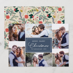 6 Photo Collage Newlyweds Merry Marry Blue Holiday Card