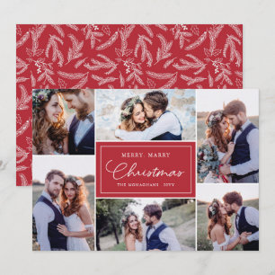 6 Photo Collage Newlyweds Merry Marry Red Holiday Card