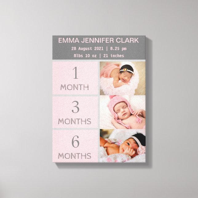 6 photo collage nursery newborn baby month details canvas print (Front)