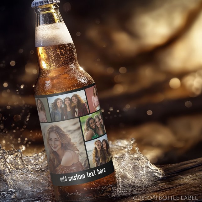 6 Photo Collage Optional Text -- Black Background Beer Bottle Label (Custom Photo Collage on a Food and Beverage Label)