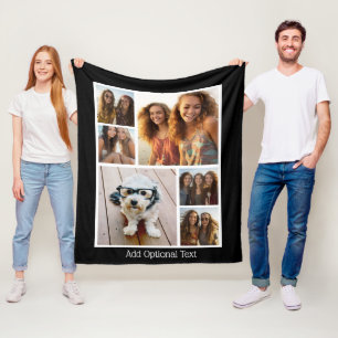 6 Photo Collage Optional Text -- black background Fleece Blanket