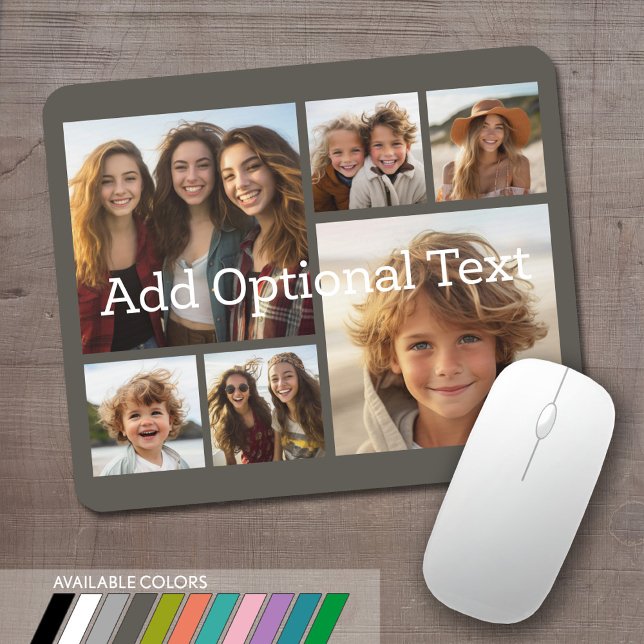 6 Photo Collage Optional Text -- CAN Edit Grey Mouse Mat (Personalized mouse pad with 6 photos. Several colors available or choose your own.)