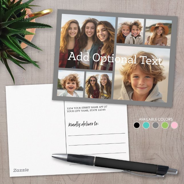 6 Photo Collage Optional Text -- CAN Edit Grey Postcard (Custom Photo Collage on a Postcard)