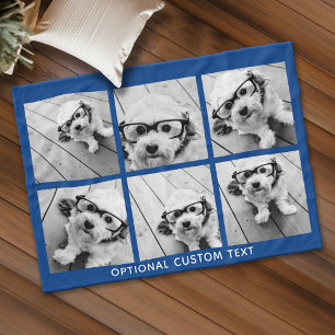 6 Photo Collage Optional Text -- royal blue Fleece Blanket