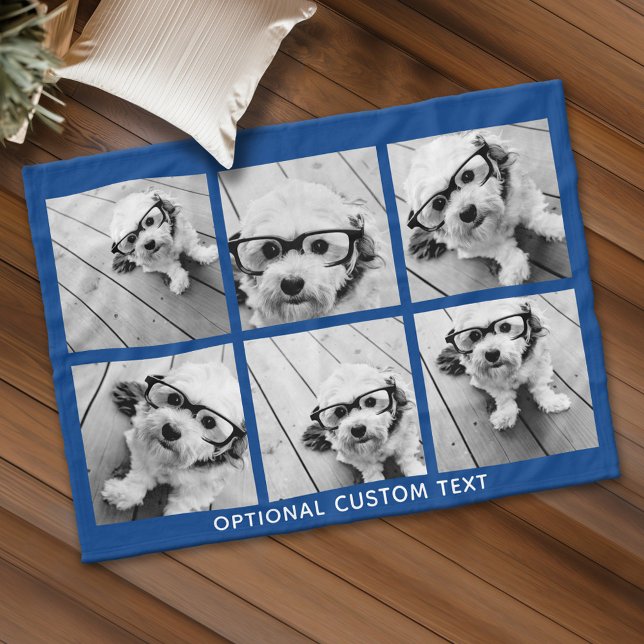 6 Photo Collage Optional Text -- royal blue Fleece Blanket (Custom Fleece Blanket - Add Photos and Text)