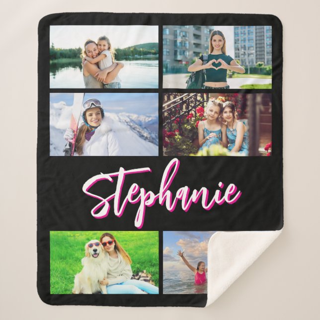 6 Photo Collage Personalised Hot Pink Black Medium Sherpa Blanket (Front)