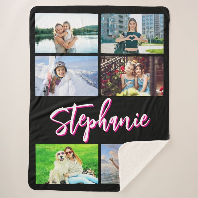 6 Photo Collage Personalised Hot Pink Black Sherpa Blanket (Front)