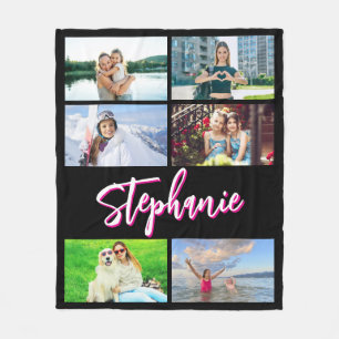 6 Photo Collage Personalized Hot Pink Black Medium Fleece Blanket