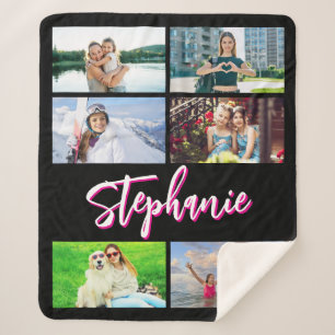 6 Photo Collage Personalized Hot Pink Black Medium Sherpa Blanket