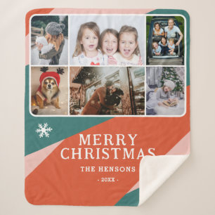 6 Photo Collage Pink Green Orange Christmas Family Sherpa Blanket