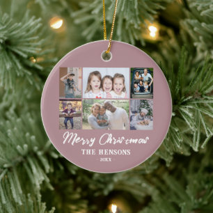 6 Photo Collage Pink Merry Christmas Family Ceramic Tree Decoration