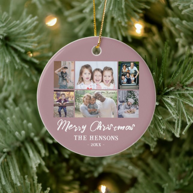 6 Photo Collage Pink Merry Christmas Family  Ceramic Tree Decoration (Tree)