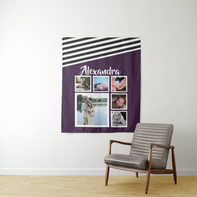 6 Photo Collage Plum Striped Pattern Personalised Tapestry (In Situ)