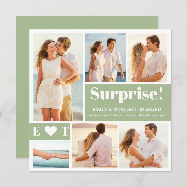 6 Photo Collage Sage Green Engagement Announcement (Front/Back)