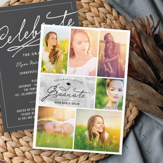 6 Photo Collage Silver Foil Chic Graduation Party Invitation (Creator Uploaded)