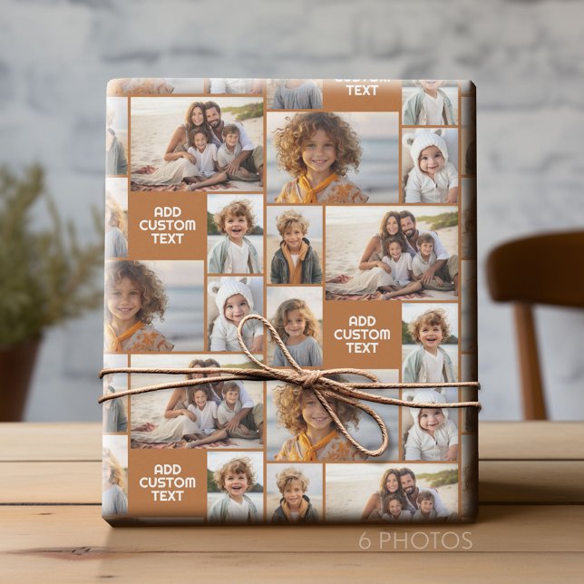 6 photo collage - solid colour - white chunky text wrapping paper (Custom Photo Collage Wrapping Paper - All Occasion)