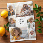 6 photo collage - white background - black text tea towel<br><div class="desc">6 photos in an uneven pattern surround an opening for three lines of text. Use 2 square cropped photos and 4 vertical photos to make this work!
The background is white. If you want to change the colours,  click on the advanced design area and see more choices.</div>