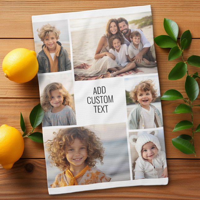 6 photo collage - white background - black text tea towel (Custom Kitchen Towel with Photo Collage)