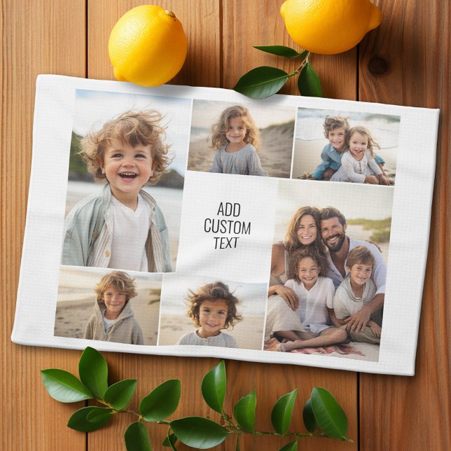 6 photo collage - white background - black text tea towel (Custom Kitchen Towel with Photo Collage)