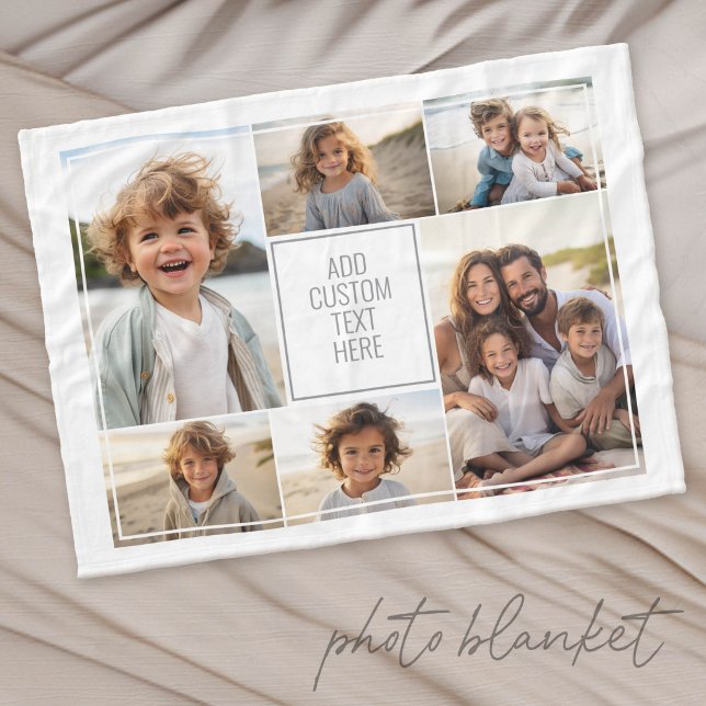 6 photo collage - white background - grey text fleece blanket (Custom Fleece Photo Blanket)