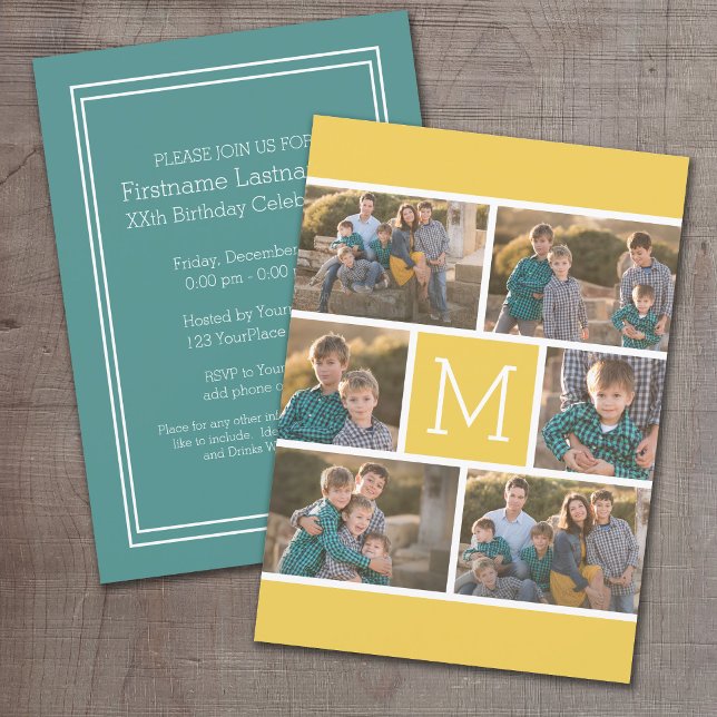 6 Photo Collage with Birthday Party Invitation (A photo birthday card with festive colors)