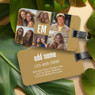 6 Photo Collage with Gold Monogram and Text Luggage Tag