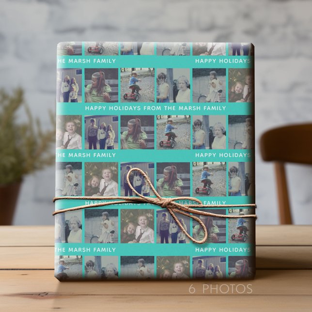 6 Photo Collage with Happy Holiday Text Aqua Teal Wrapping Paper (Custom Photo Wrapping Paper)