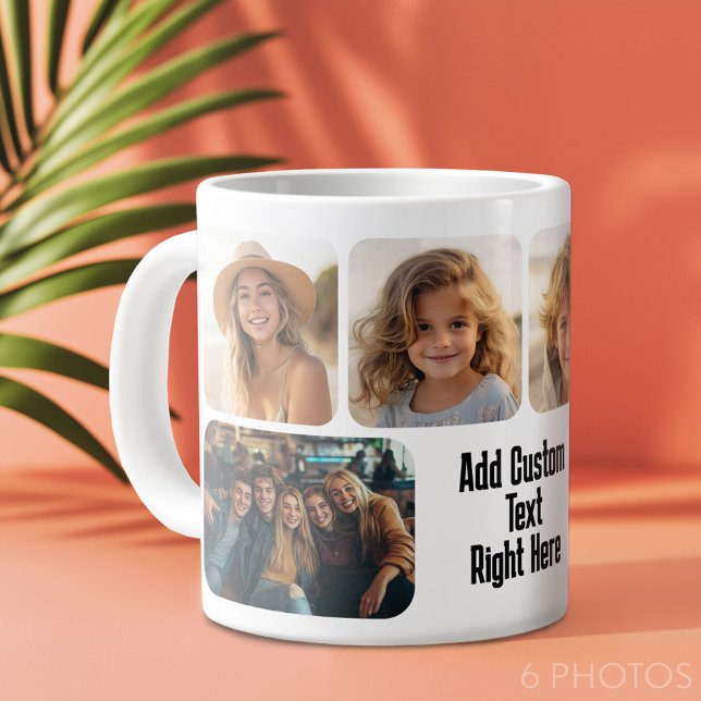 6 Photo Collage with text block - black and white Large Coffee Mug (Custom Photo Collage Mug)