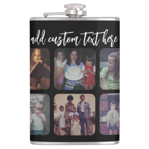6 Photo Collage with trendy bounce script - black Hip Flask