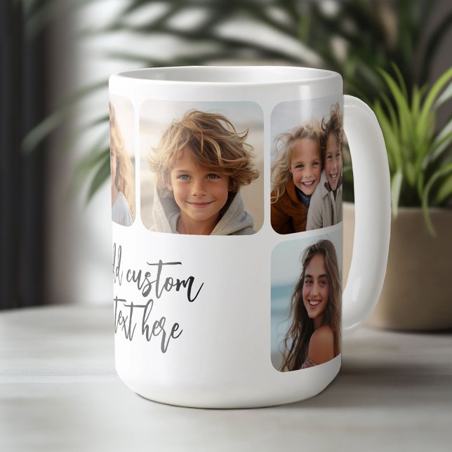 6 Photo Collage with trendy bounce script - white Coffee Mug (Custom Photo Mug)