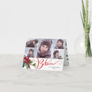 6 Photo Elegant Poinsettia Christmas BELIEVE Holiday Card