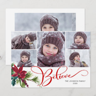 6 Photo Elegant Poinsettia Christmas BELIEVE Holiday Card