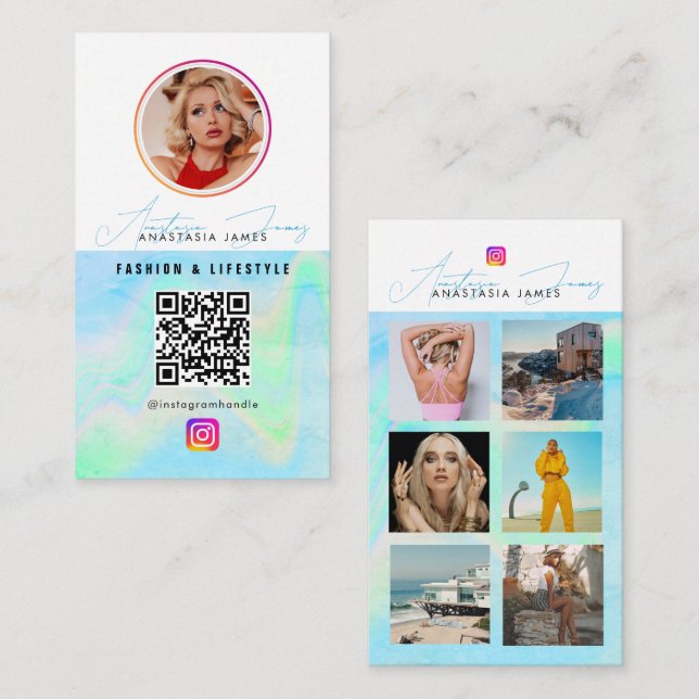 6 Photo Feed Grid Social Media Blue Holographic Business Card (Front/Back)