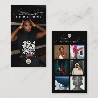 6 Photo Feed Grid Social Media QR Code Black Business Card