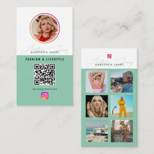 6 Photo Feed Grid Social Media QR Code Green Business Card