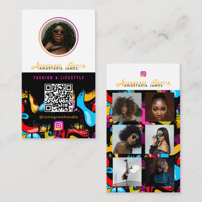6 Photo Feed Grid Social Media QR Code Hip Hop Business Card (Front/Back)