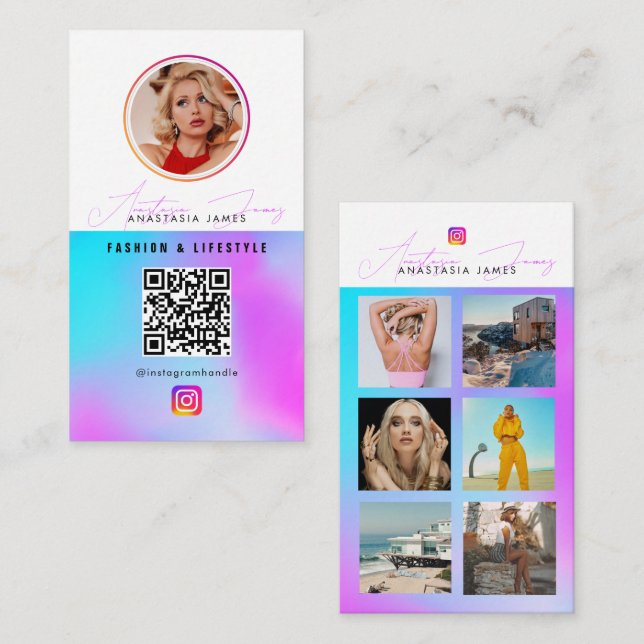 6 Photo Feed Grid Social Media QR Code Holographic Business Card (Front/Back)