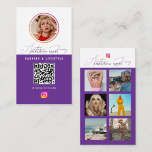 6 Photo Feed Grid Social Media QR Code Purple Business Card