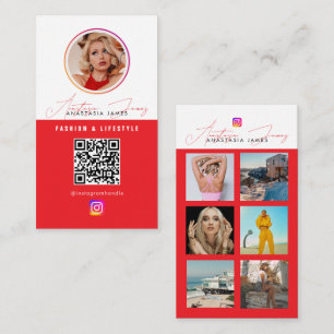 6 Photo Feed Grid Social Media QR Code Red Business Card