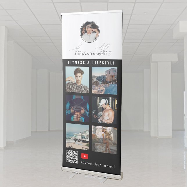 6 Photo Feed Grid Vlogger Channel QR Code Male Retractable Banner (6 Photo Feed Grid Vlogger Channel QR Code Male Retractable Banner)