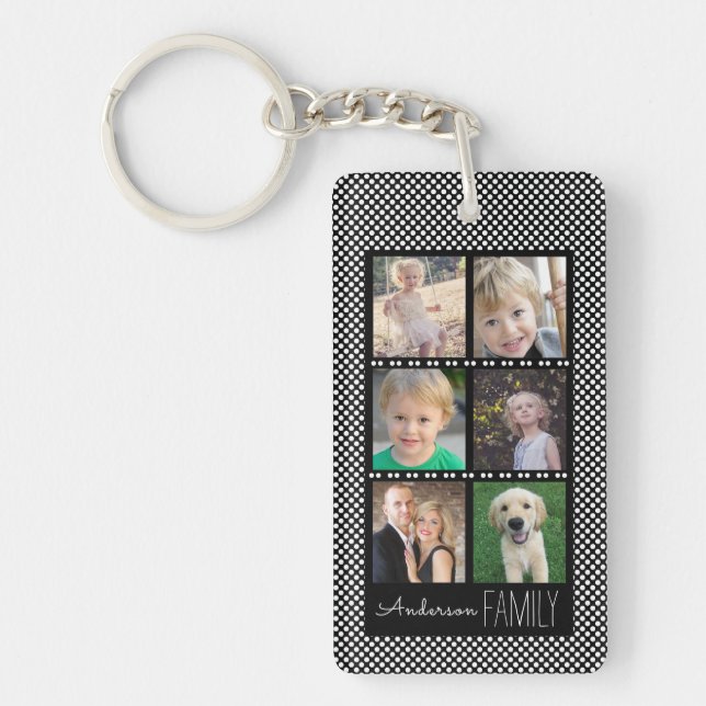 6 Photo Frames Black with White Dots Personalised Key Ring (Front)