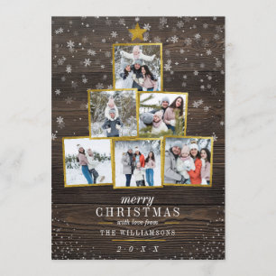6 Photo Gold Christmas Tree   Rustic Wood & Snow Invitation