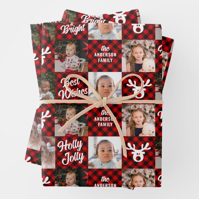 6 Photo Grandchildren Red Buffalo Plaid Christmas  Wrapping Paper Sheet (In situ)