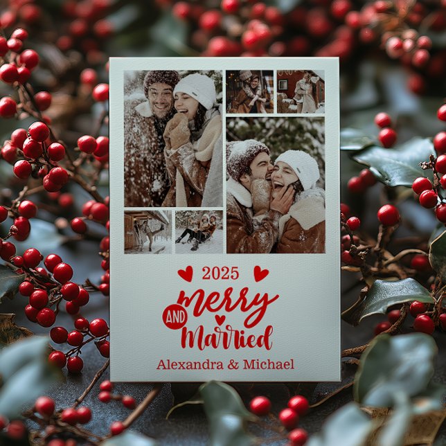 6 Photo Minimialist Merry and Married  Holiday Card (Creator Uploaded)