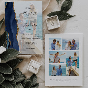 6-Photo Navy Blue Gold Agate Wedding Invitation